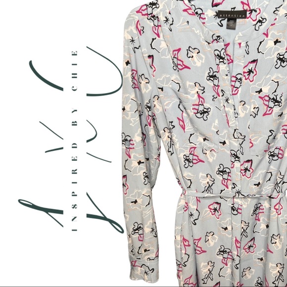 attention Abstract Floral Light Blue Shirt Dress with Pockets - Picture 1 of 7